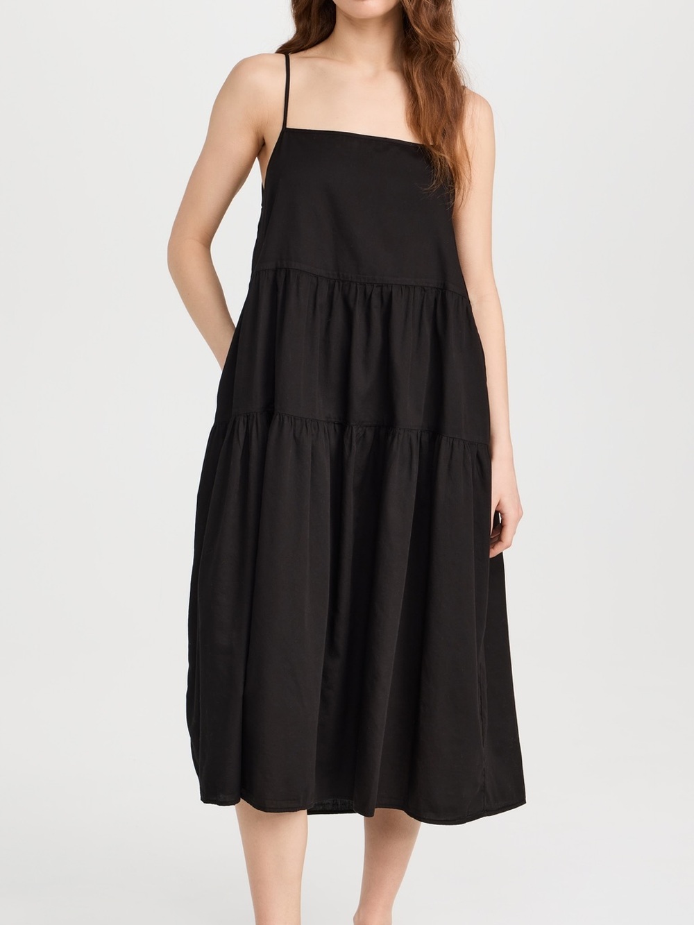 Enza Costa Black Cotton Tiered Strappy Midi Dress